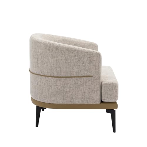 Modern 2 Tone Accent Barrel Chair with Linen and PU, Thick Cushion, Metal Legs, Upholstered Arm Chair for Living Room Reading Room Bedroom (Mustard Green)