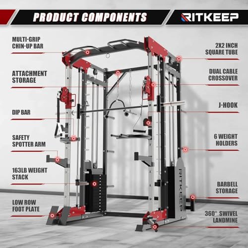 Smith Machine,RitKeep PMAX 5600 Pro,All-in-One Home Gym Equipment Featuring 2200lb Load Capacity and 320lb Weight Stack,Includes T-Bar Row,LAT Pulldown Bar,and More Attachment,for Home Gym Use