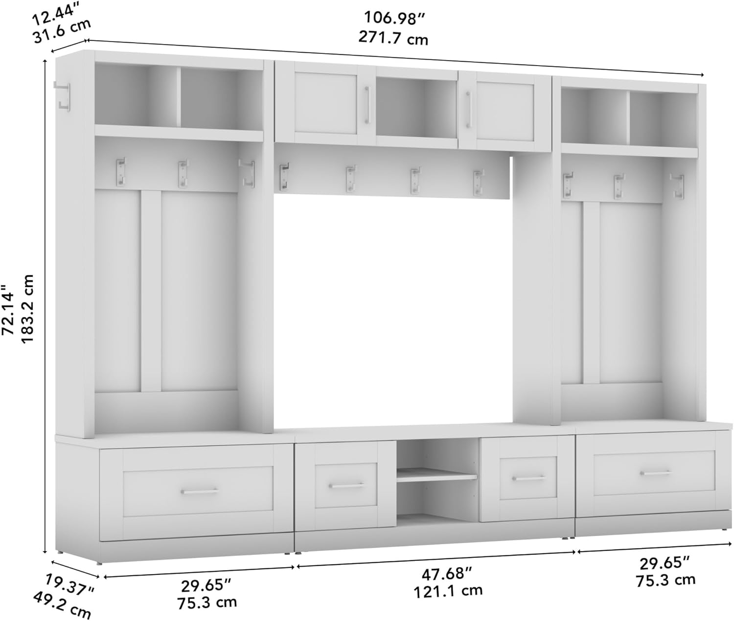 Bush Furniture Hampton Heights Full Entryway Storage Set with Coat Rack, Hall Trees, and Shoe Benches with Doors and Drawers in White | Foyer, Mudroom Organizer
