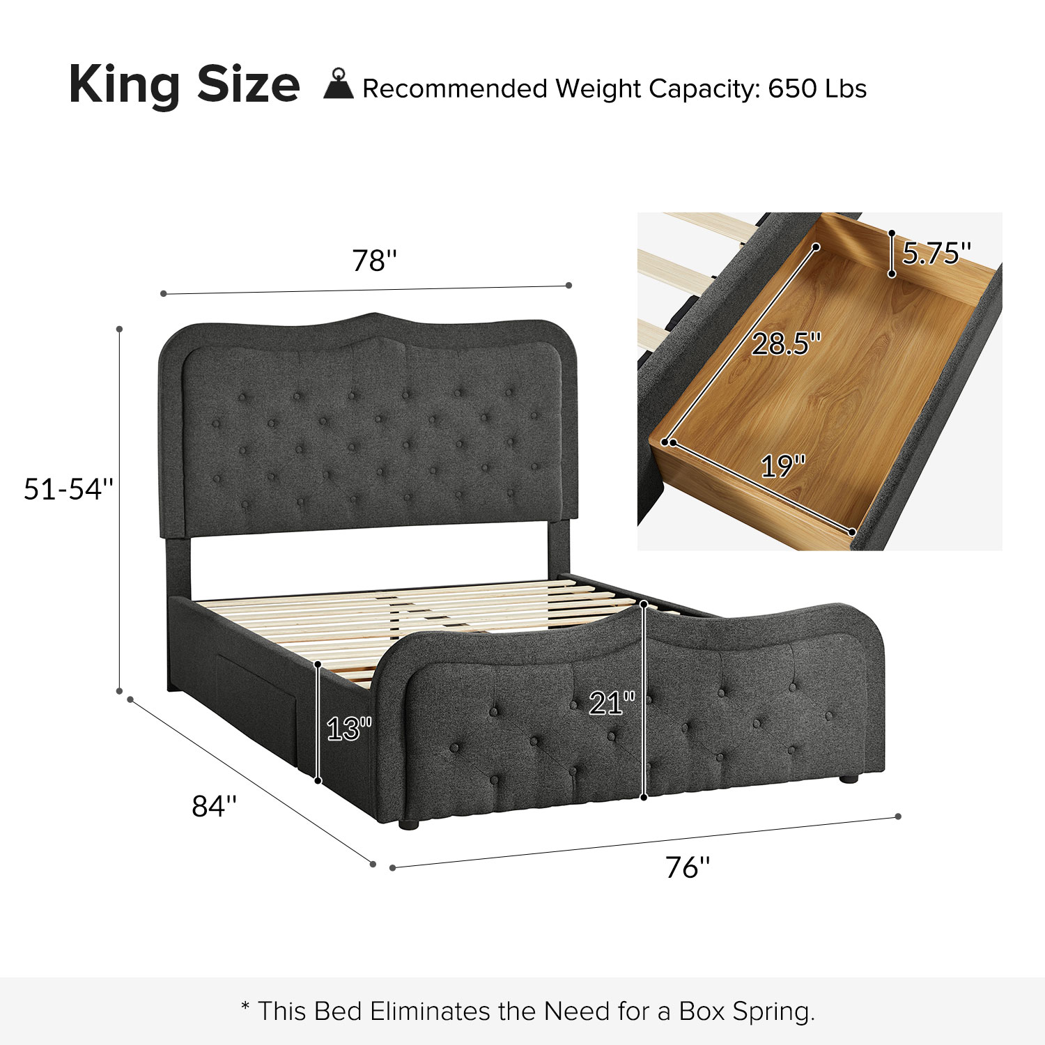 Modern King Platform Bed Frame with 7 Color LED Lights Button Adjustable Tufted Upholstered Headboard Storage Drawers Footboard Charcoal