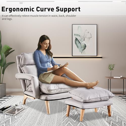 Linen Accent Chair with Ottoman, Adjustable Lounge Chair with Footstool and Soft Cushion, Leisure Sofa Armchair with Wooden Legs, Comfy Relaxing Chair for Lounge, Living Room, Office (Gray)
