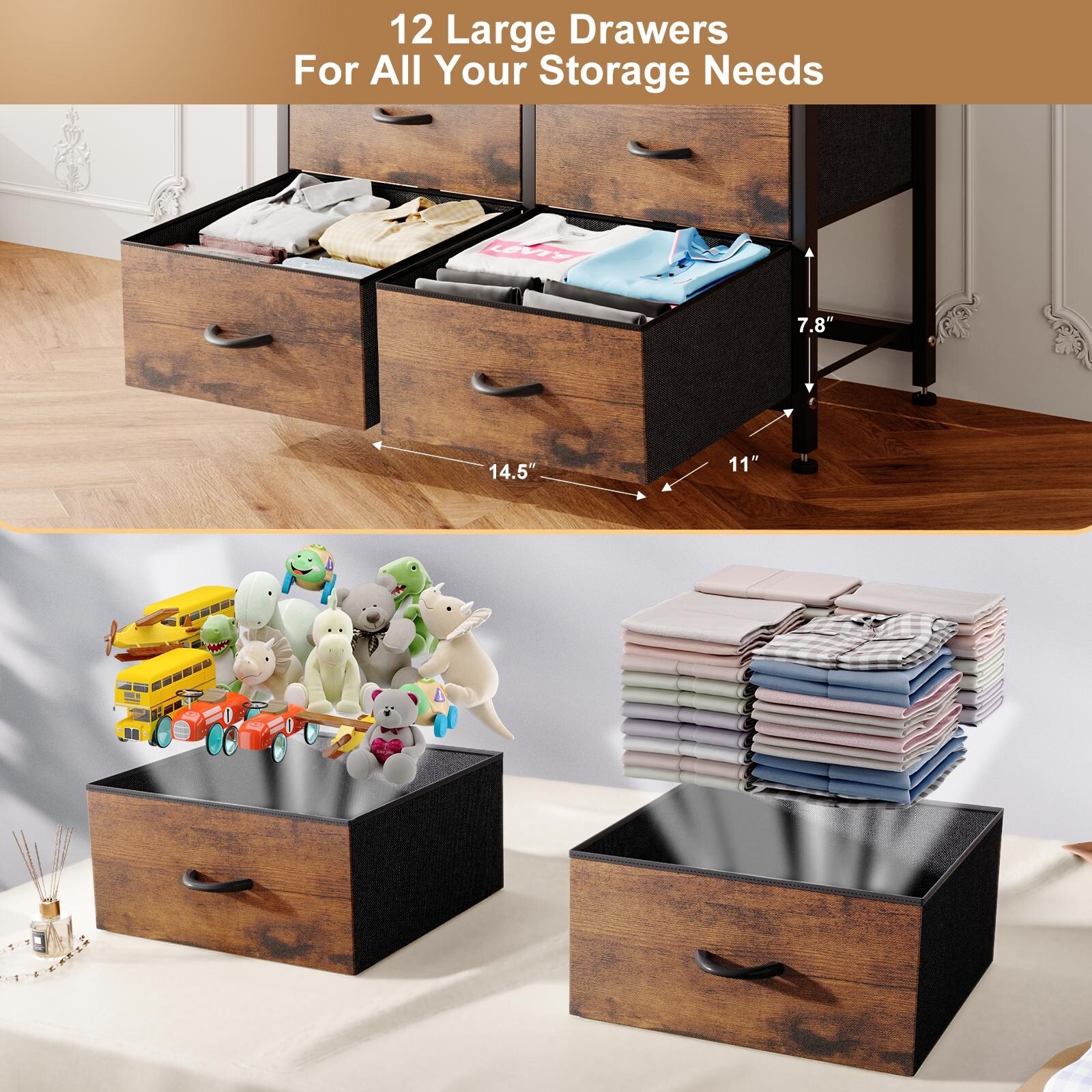 JINYUZHOU INC 12 Drawer Dresser Tall Fabric Chests of Drawers Closet for Bedroom Rustic Brown - 12-drawer