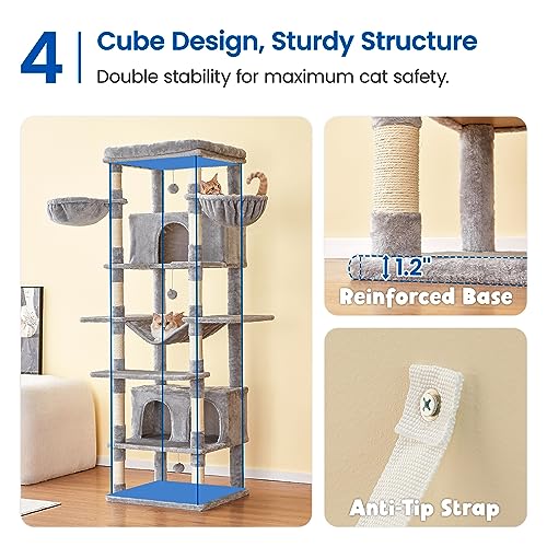 MWPO Extra Large Cat Tree, 77.6-Inch Tall Cat Tower for Indoor Cats with 2 Large Condos, Multi-Level Cat Stand for Large Cat with 3 Hammocks, Wide Perch, Scratching Posts, Dangling Toys, Beige