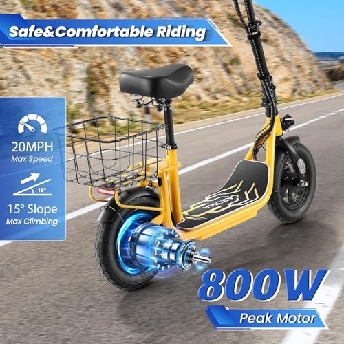 Caroma Peak 800W/1200W Electric Scooter Adults, 30 Miles Max Range, Foldable Electric Scooter with Seat, Front Suspension, Detachable Large Basket,Commuter E-Scooter for Adult and Teens