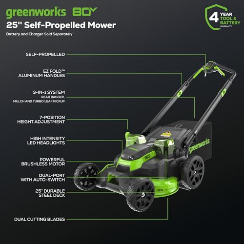 Greenworks 80V 25" Brushless Cordless (Self-Propelled) Dual Blade Lawn Mower (LED Headlight + Aluminum Handles), Battery And Charger Not Included