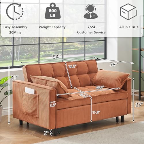 3 in 1 Convertible Sleeper Sofa Bed,Futon Loveseat Couch with Pull-Out Bed & Adjustable Backrest,Velvet Fabric Sofa with Side Pocket for Small Apartment, Living Room, Office (Black)