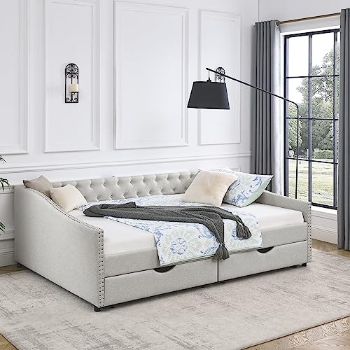 Upholstered Daybed with Drawers, Modern Fabric Queen Size Button Tufted Daybed Frame Sofa Bed, No Box Spring Needed, Space Saving, Beige