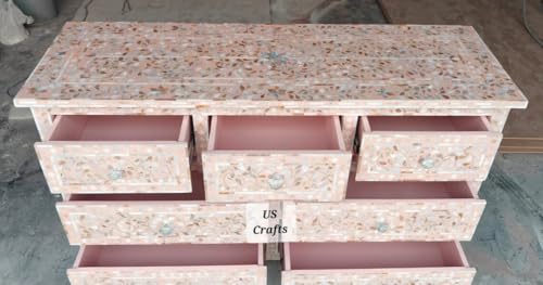 Inlay Floral Design Hand Painted Wooden Chest of Drawers for Bedroom, Living Room, Dining Room, Office, Home Decor, Pink (Gray)
