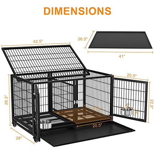 54/48/42/38 inch Heavy Duty Indestructible and Escape-Proof Dog Crate Cage Kennel for Large Dogs, High Anxiety Dog Crate with Removable Wire Trays and Wheels, Extra Large XL XXL