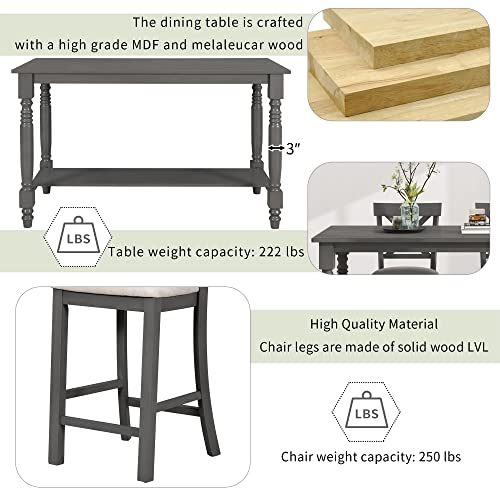 UBGO 6 6,6-Piece Counter Height Set Table with Shelf 4 Chairs and Bench for for Kitchen, Dining Room,Breakfast Corner, Gray-b