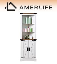 AMERLIFE 68" Tall Corner Cabinet, Farmhouse Corner Cabinet with Barn Door Design,Wall Corner Cabinet with Adjustable Shelves for Bathroom, Living Room,Antique White & Barnwood