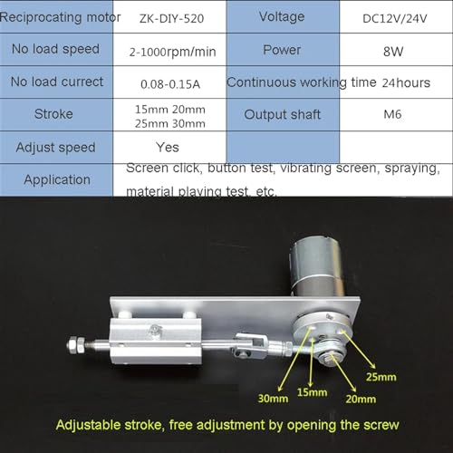 Small DIY Design Reciprocating Cycle Linear Actuator with DC Gear Motor 12V Stroke 15/20/25/30mm Adjustable 2~1000 RPM 1Pcs(Size:15rpm min)