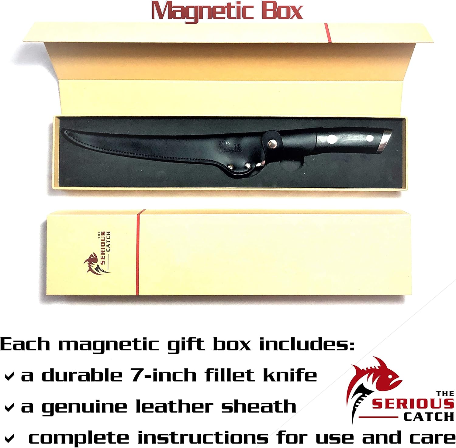 The Serious Catch 7-In Fish Fillet Knife With Sheath - Premium German High-Carbon Steel - Leather Sheath Ideal for Indoors and Outdoors - Use to Fillet Fish and Meat