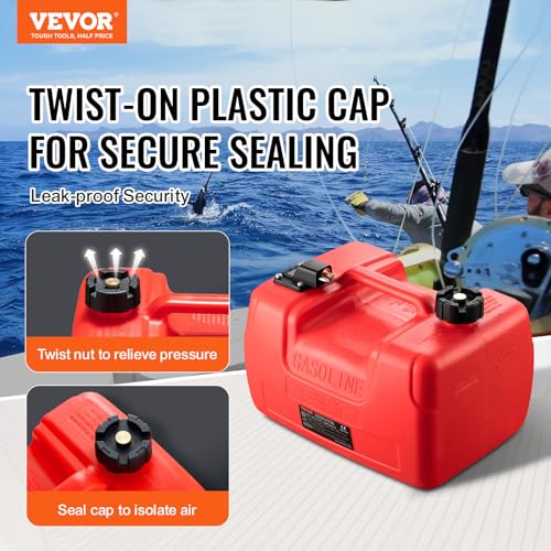 VEVOR Boat Marine Fuel Tank, 12 Gallon/55L, Portable Fuel Gas Tank for Outboard Engine Boats, Plastic Outboard Marine Boat Fuel Tank with Hose, Easy to Carry for Yacht, Fishing Boat, Deck Boat, Red