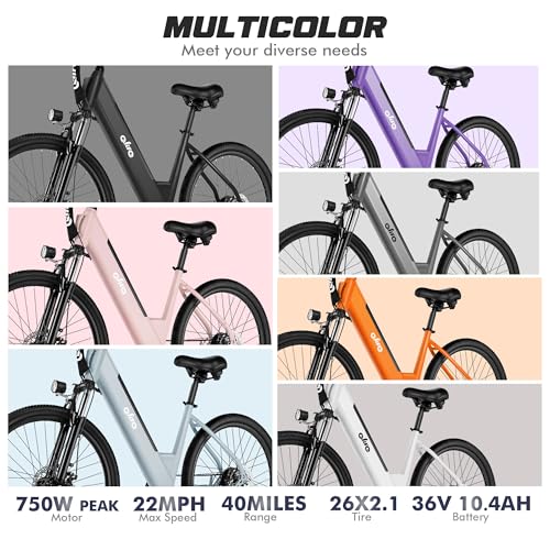 Cityone Electric Bike for Adults 26" Step-Through 22MPH Ebike with 2.1" Tire,UL2849 Certified Built-in Removable Battery,Peak 750W Motor Ebikes with 7 Speed, Commuter E Bicycle