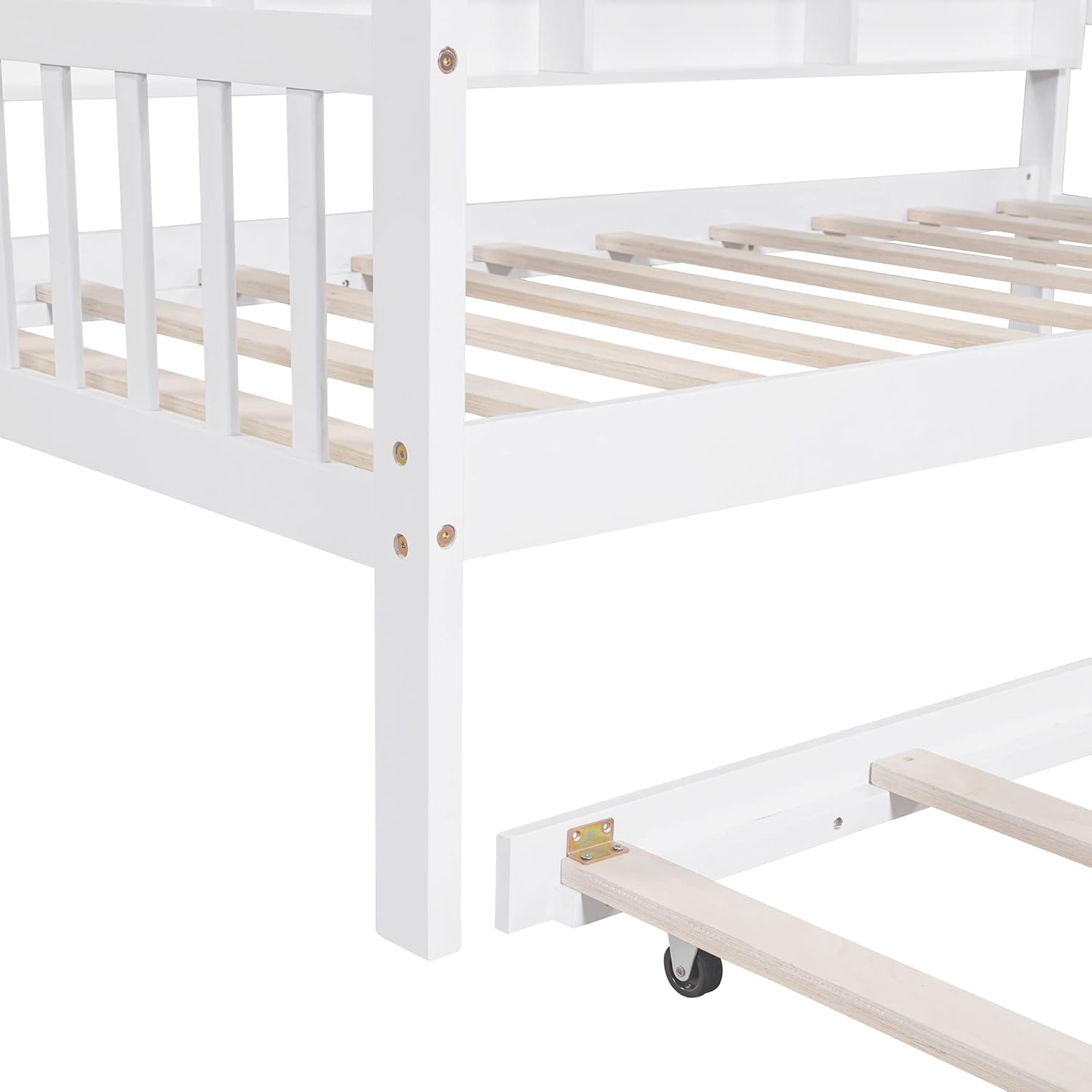 Merax Twin Size Platform Bed with Trundle, Wooden Twin Size House Bed Frame with Storage Shelf, No Box Springs Needed, White