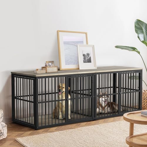 86.62''Dog Crate Furniture Large Breed TV Stand with Double Rooms,Wooden Dog Kennel Dog Crate End Table with Removable Divider for Large Medium Dogs, Can Use Separately, Brown