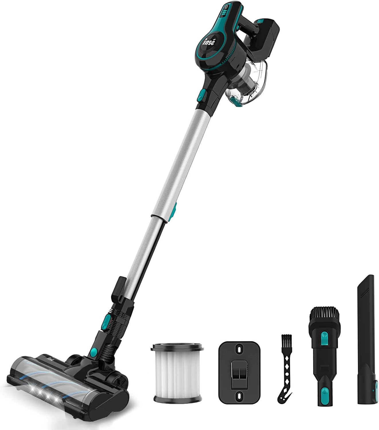 INSE Cordless Vacuum Cleaner, 25Kpa Powerful Stick Vacuum Cleaner, 6-in-1 250W Rechargeable Vacuum Up to 45min Runtime, Lightweight Cordless Stick Vacuum for Pet Hair Hard Floor Carpet Car-S610 Black