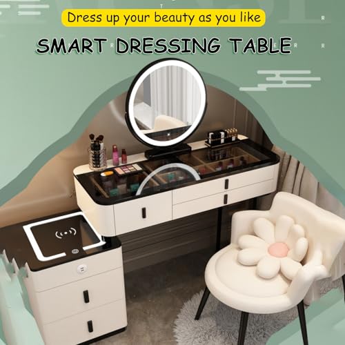 Vanity Mirror with Lights and Desk,Vanity Makeup Table Set,Makeup Vanity Table Wit Round 3-Colors Lights,with Cushioned Stool,with 2 Drawers and Storage Shelves,Innovative Glass Table Top for Cosmetic