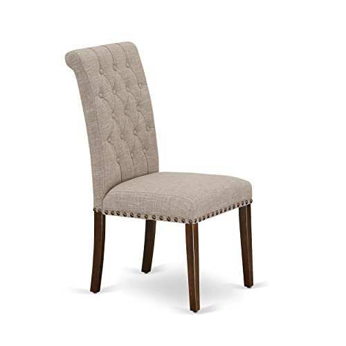 East West Furniture BRP2T02 Parsons Dining Button Tufted Nailhead Trim Light Beige Fabric Upholstered Chairs, Set of 2, Linen White