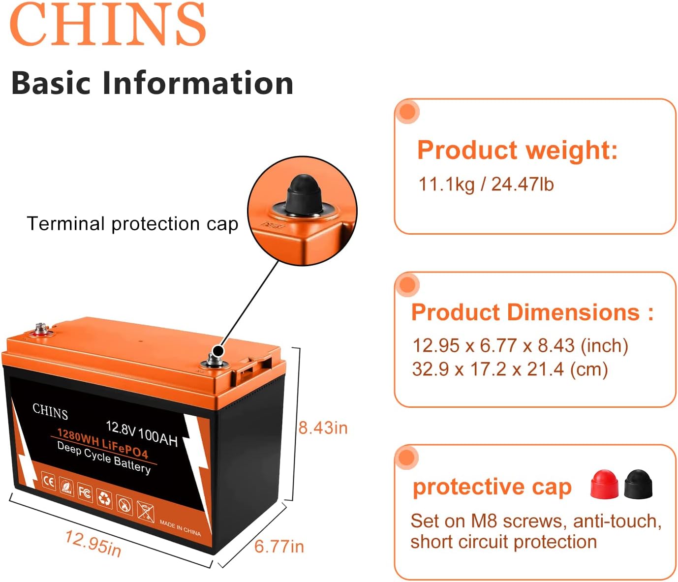 CHINS LiFePO4 Battery 24V 200Ah Lithium Battery - Built-in 200A BMS, 2000+ Cycles, Each battery Can Support 5120W Power Output, Perfect for RV, Home Storage and Off-Grid