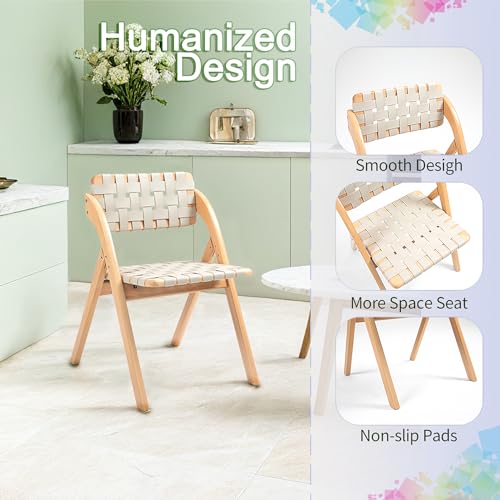 Folding Chairs Set of 2,Wooden Foldable Dining Chairs with Woven Leather Indoor Outdoor Portable Stackable Chairs for Dining Kitchen Office Wedding Picnic(Brown)