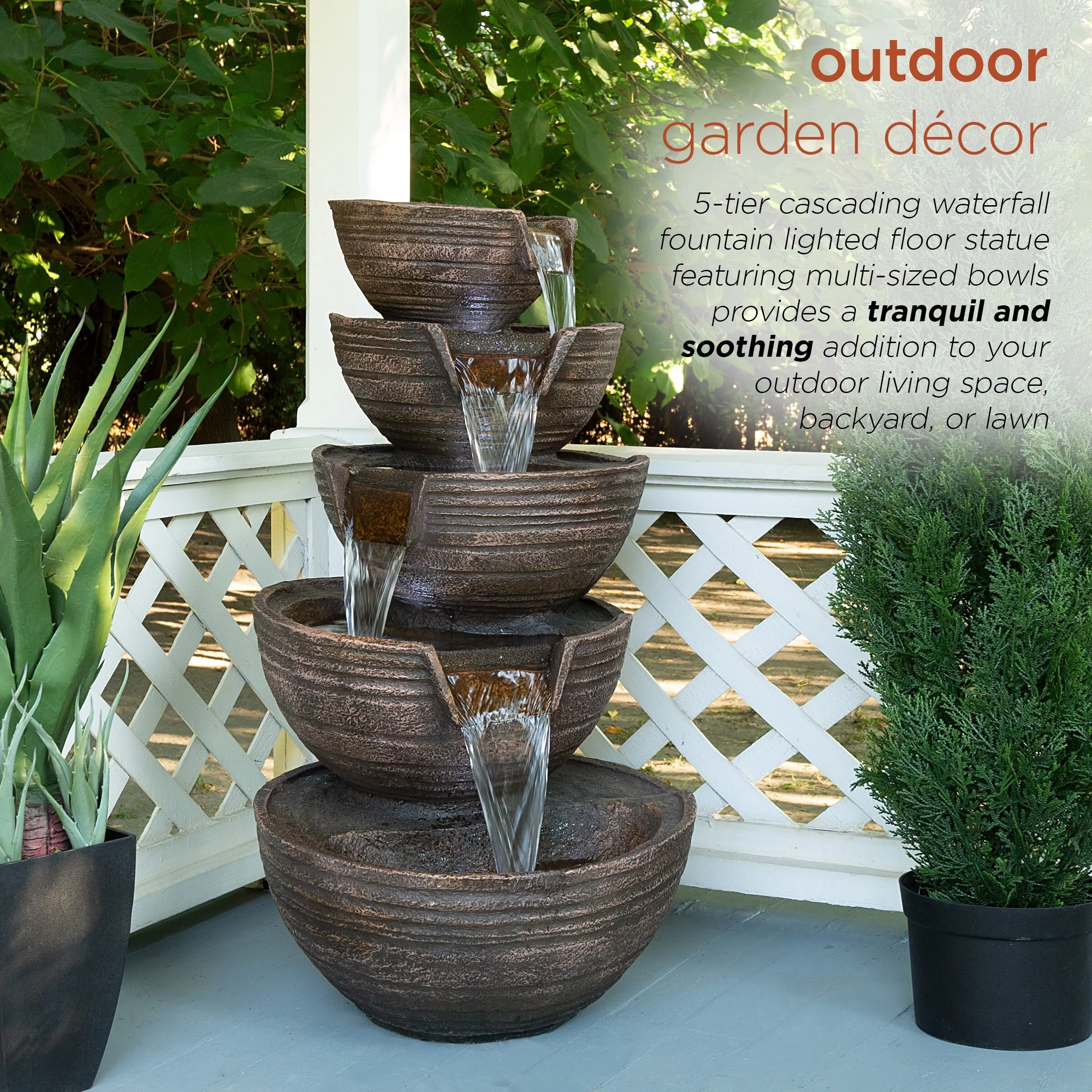 Alpine Corporation  34" Tall Outdoor 5-Tier Modern Bowl Cascading Waterfall Fountain with LED Lights