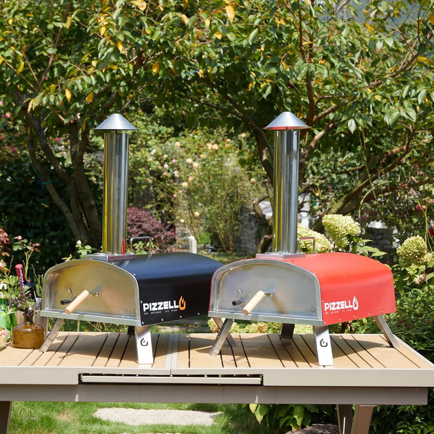 16" Outdoor Pizza Oven Propane and Wood Fired Multi-fuel Large Stainless Steel Pizza Grill with Gas Burner, Wood Tray Pizza Stone, Pizza Peel, Carry Bag (Red)