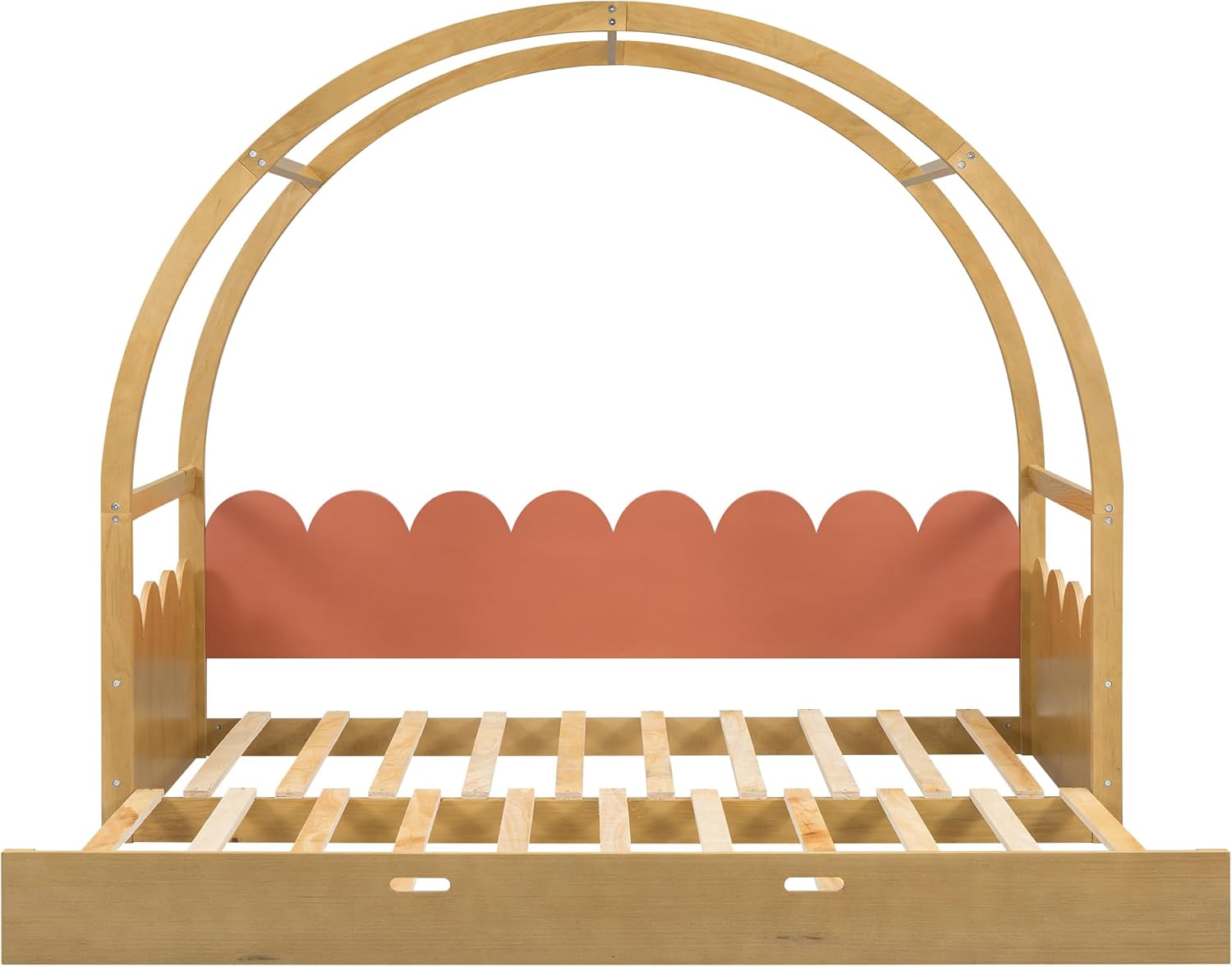Floor Bed Twin to King, Wood House Montessori Bed Frame with Fence Rails and Vaulted Roof, Extending Kids Bed for 2 Girls Boys, Playhouse Design, Natural