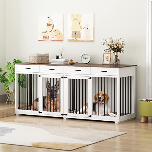 Large Dog Crate Furniture, 86.6 Inch Large Wooden Dog Kennel with Drawers & Divider, Heavy Duty Indoor Furniture Style Dog House with Double Rooms for Large Medium Small Dogs, White
