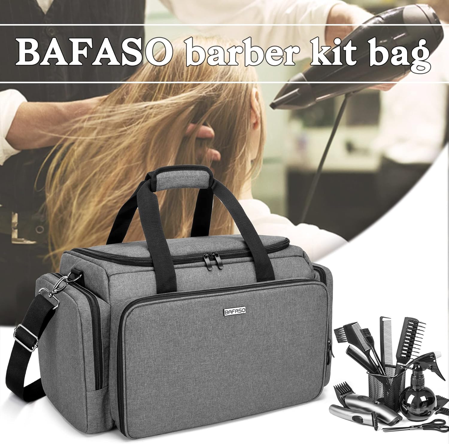 BAFASO Large Barber Bag with Adjustable Dividers, Travel Barber Case Holds Various Hair Cutting Tools (Bag Only), Black