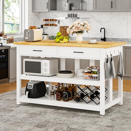 47.3" Solid Rubberwood Kitchen Island with Power Outlets - Extra Large Work Surface, 2 Drawers & Open Shelves Storage Cabinet for Kitchen Dining Room, Farmhouse Style (Grey)