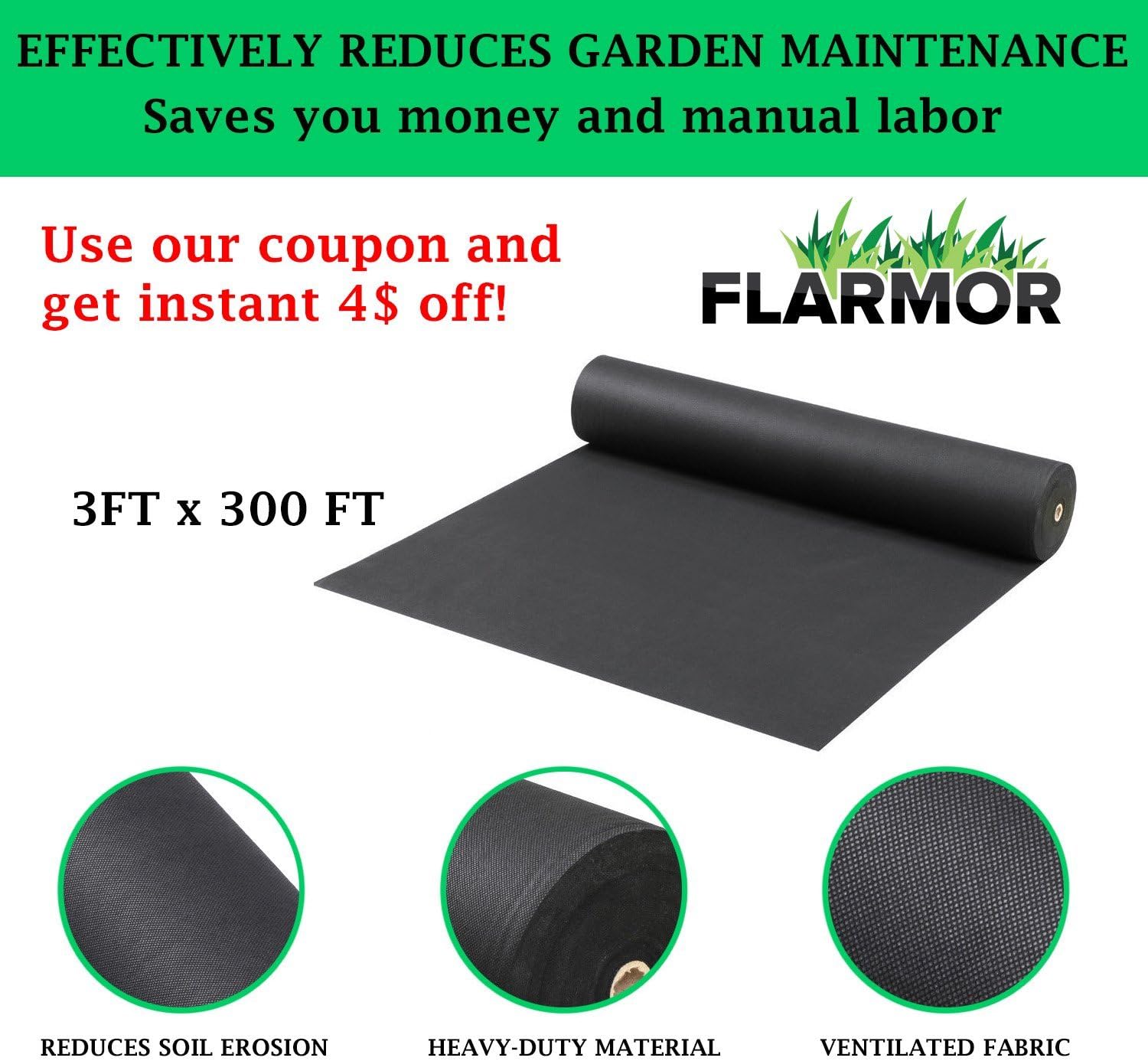 FLARMOR Landscape Fabric Heavy Duty - Weed Barrier Landscape Fabric - Weed Blocker - Garden Fabric Roll 1.8 oz - Commercial Weed Control Fabric 3 Ft X 300 Ft Pack of 2