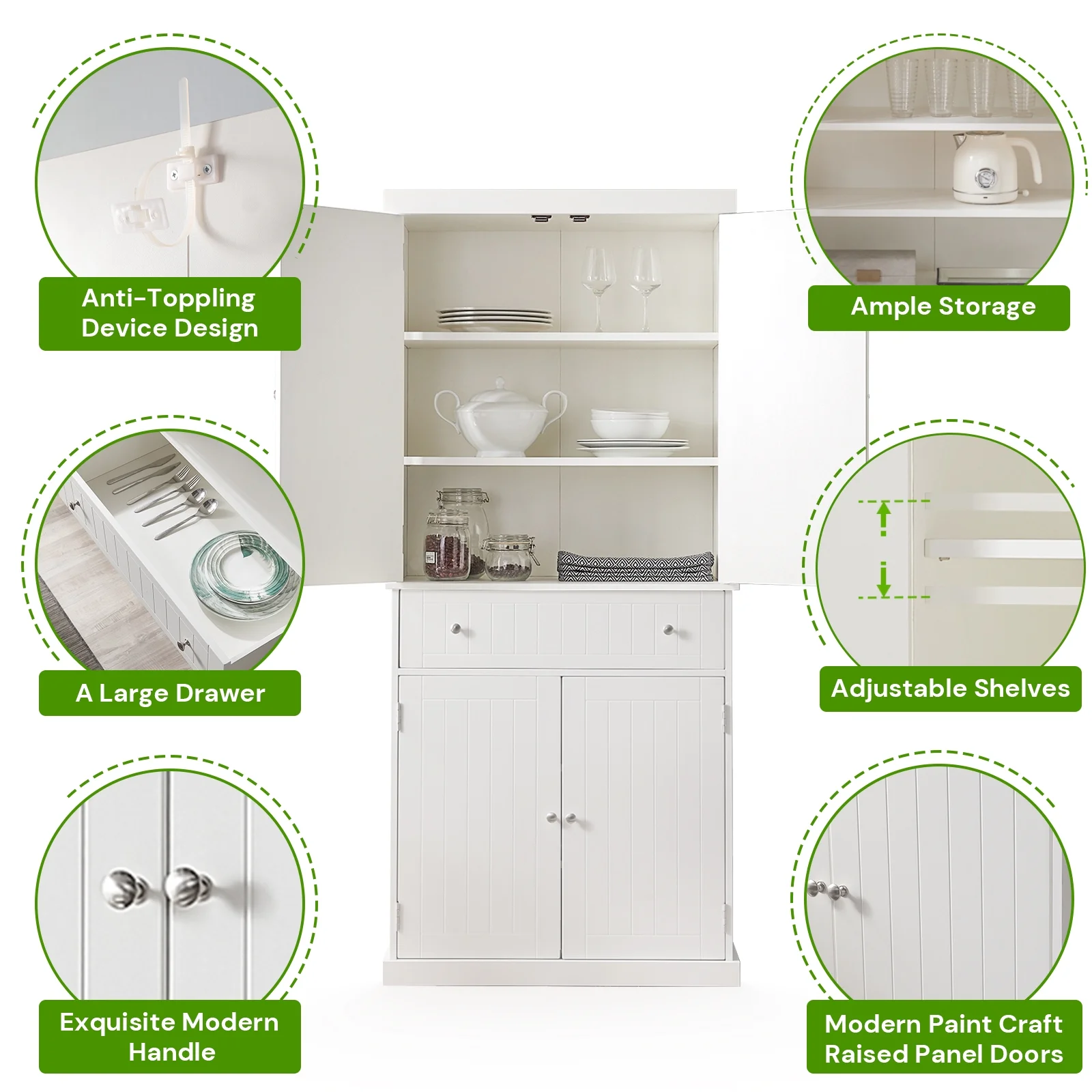 SunsGrove Kitchen Pantry Cabinet Tall Freestanding Storage Cupboard with Doors and Adjustable Shelves for Kitchen, Living Room, Dining Room, White