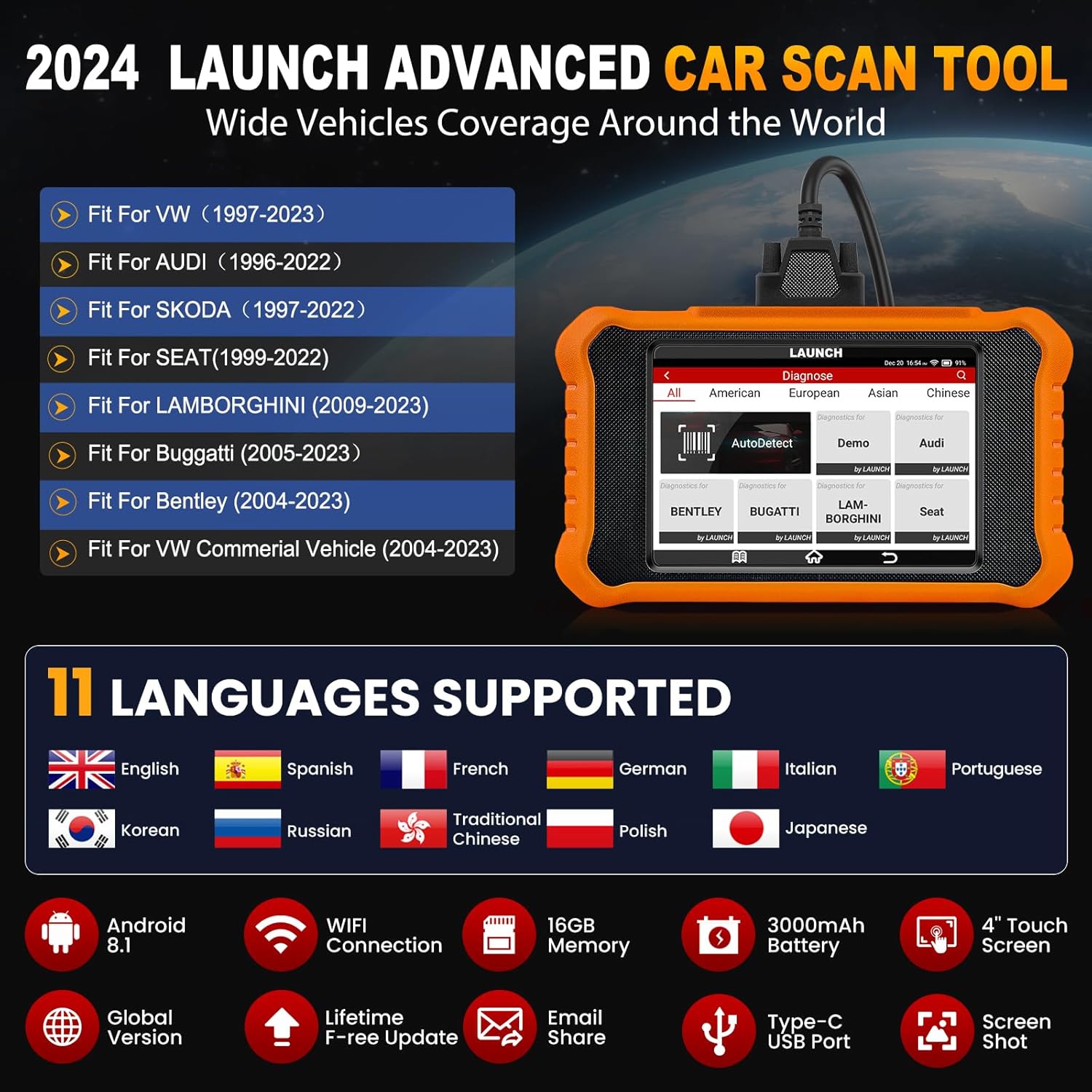 2024 LAUNCH Creader Elite V2.0 OBD2 Scanner for VW Audi Skoda Seat, Full Systems Bi-Directional Scan Tool for VAG Vehicles, All Services Car Code Reader, ECU Coding, AUTO VIN, Fr-ee Update