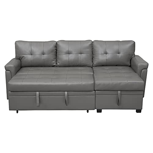 Naomi Home Jenny Sectional Sofa Sleeper with Storage Chaise, Tufted Pull Out Couch with Storage, L-Shaped Reversible Sleeper Sofa with Storage, Black,Air Leather