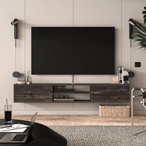 Atelier Mobili Floating TV Stand, 70 inch TV Stand for 75 inch TV, Floating TV Stand Wall Mounted, Floating Entertainment Center, TV Stands for Living Room, Black TV Stand (Black Oak)