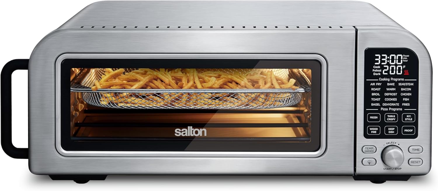 Salton Pizzadesso Professional Pizza Oven, Ultra High Heat Temperature Woodfired Electric Air Fry Toaster Oven with Six Pizzeria Settings for NY Style, Chicago Deep Dish, Proofing (TO2122SS)