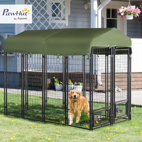PawHut 4.6' x 4.6' x 5' Dog Kennel Outside, Welded Wire Outdoor Dog Kennel Run with Waterproof & UV Resistant Cover, for S&M Breeds, Chickens, Ducks, Black