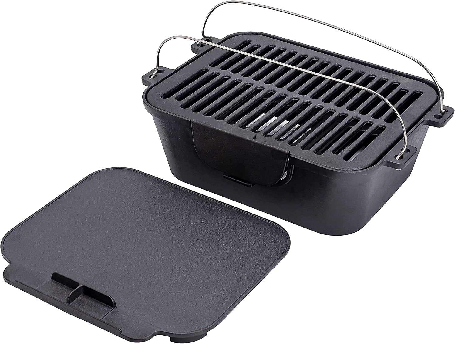 Bruntmor Pre-Seasoned Hibachi-Style Portable Cast Iron Charcoal Rectangle BBQ Grill, 14" x 12" Grilling Surface
