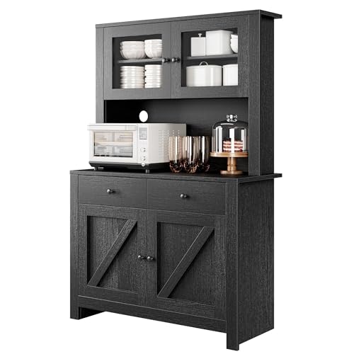Kitchen Pantry Cabinet with Microwave Stand, Freestanding Hutch Cabinet with Buffet Cupboard, Tall Kitchen Cabinets with Adjustable Shelves for Kitchen, Dining Room, White