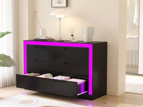 Dresser for Bedroom, 6 Drawer Dresser with LED Light, Black Dressers Chests of Drawers,Organizer Storage Drawers for Hallway, Entryway,Bedroom