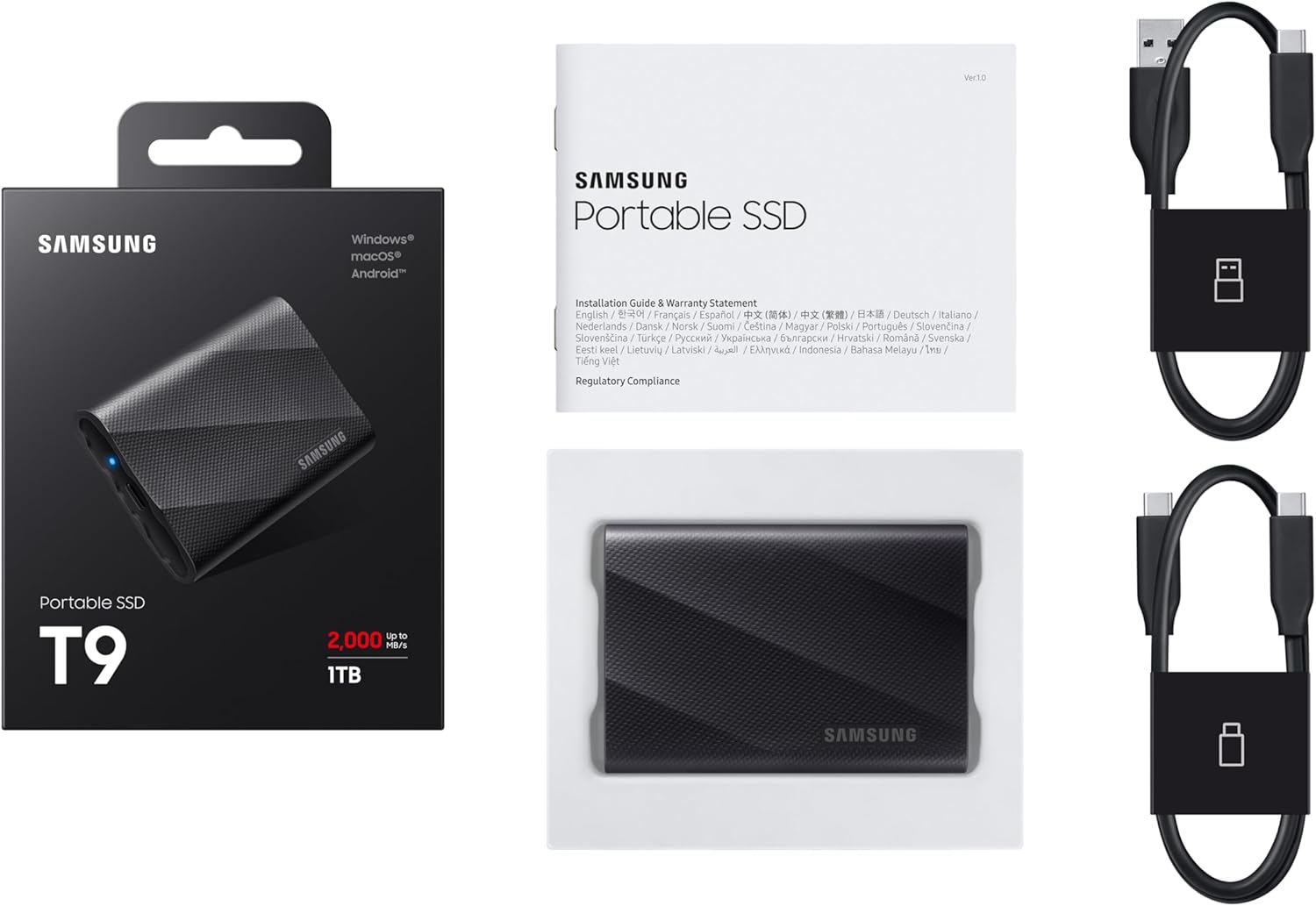 Samsung T9 Portable SSD 1TB, Up to 2,000MB/s, USB 3.2 Gen 2x2 External Solid State Drive, Up to 3 m Drop Resistant, for Creative Professionals, Youtubers, Content Creators, Mac Compatible, MU-PG1T0B