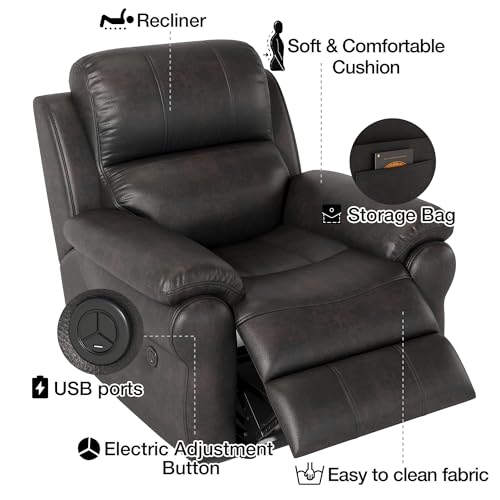 Power Recliner Chair with USB Ports & Magazine Bag, Home Breathable Fabric Movie Theater Seating Single Recliner Chair Sofa Manual for Bedroom Living Room (Black & 1 Seat)