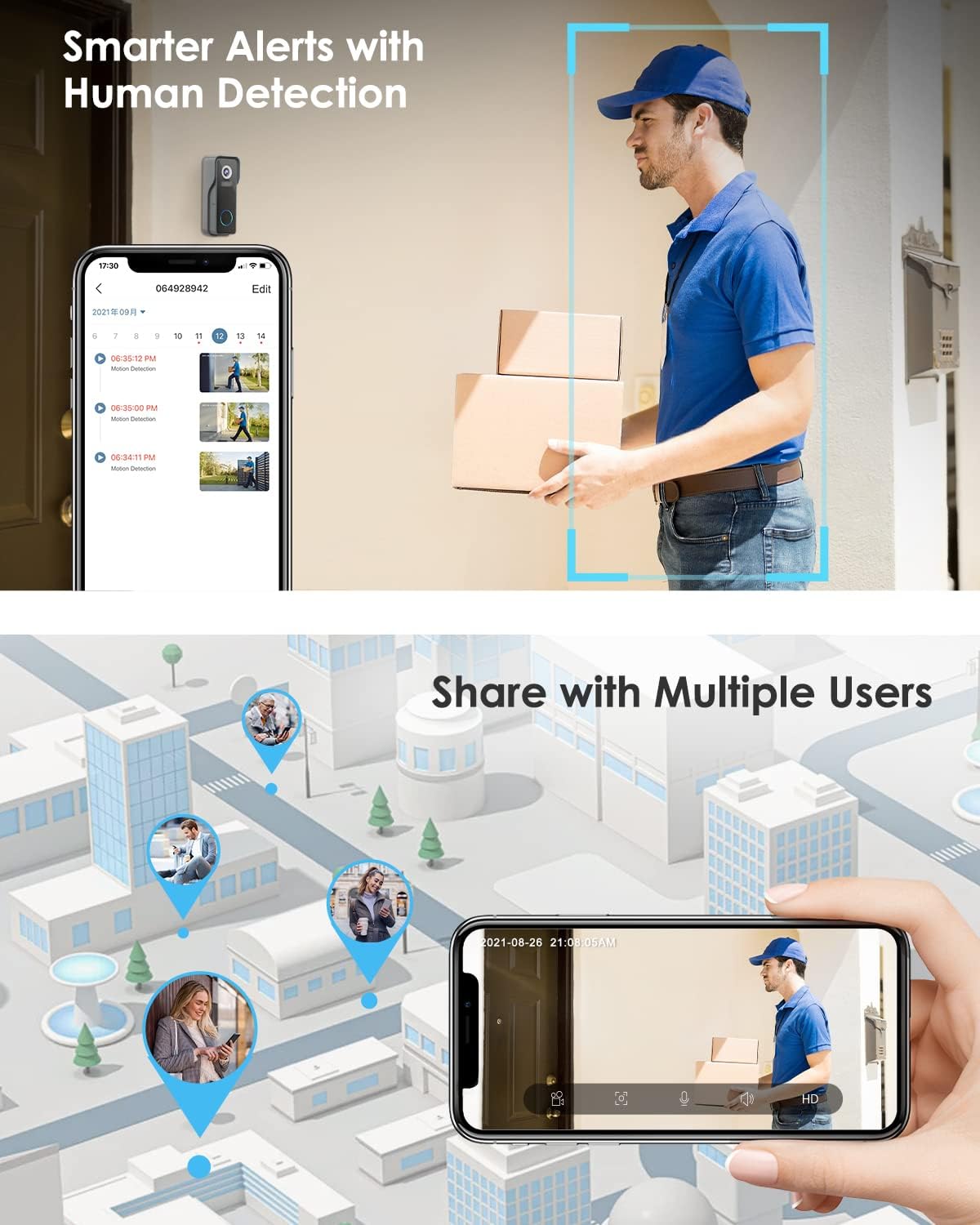 Wireless Doorbell Camera with Chime, MUBVIEW WiFi Video Doorbell Camera with Motion Detector, Anti-Theft Device, 1080P HD, Night Vision, 2-Way Audio, Storage (Optional) Pack of 2