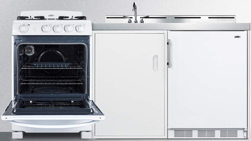 Summit Appliance ACK72GASW 72" Wide All-in-One Kitchenette with 115V 4-Burner Gas Range, Refrigerator-Freezer, Sink, Cutting Board and Cutlery Storage, and a Storage Cabinet