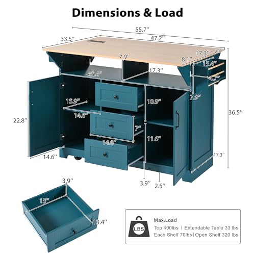Large Kitchen Island Cart with 2 Drop Leaf, Mobile Dining Table with Storage Cabinet, Rolling Kitchen Cart with Power Outlets, 3 Drawers, Spice & Towel Rack