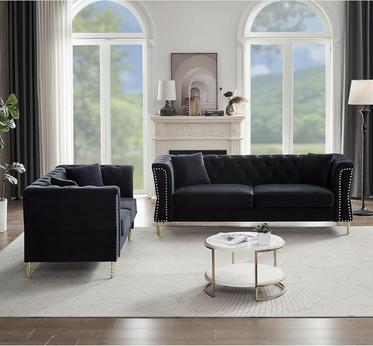 3-seater + 2-seater Combination Sofa Tufted Couch with Rolled Arms and Nailhead for Living Room, Bedroom, Office, Apartment, four pillows (Black)