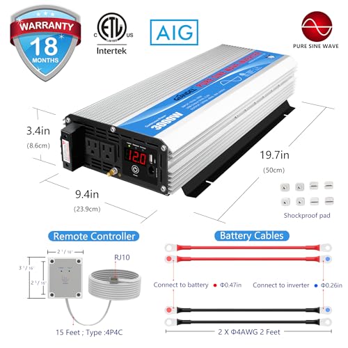 GIANDEL 2200W Pure Sine Wave Power Inverter 12V DC to 110V 120V AC with 20A Solar Charge Control and Remote Control&LED Display and Dual AC Outlets &1x2.4A USB Port for RV Truck Car Solar System