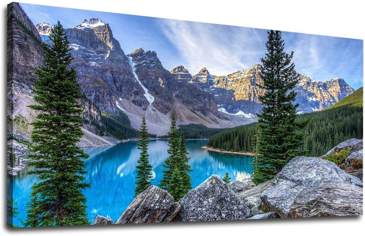 Canvas Wall Art Mountain and Lake Nature Picture Paintings - Long Canvas Artwork Moraine Lake Glacially Fed Lake in Banff National Park Panoramic Contemporary Art for Home Office Wall Decor 20 x 40